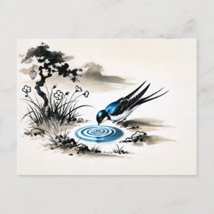 Swallow Drinking Water in a Stream in Chinese Ink Postcard