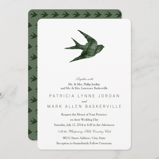 Swallow (Letterpress Style) Repeating Elegant Invitation (Front/Back)