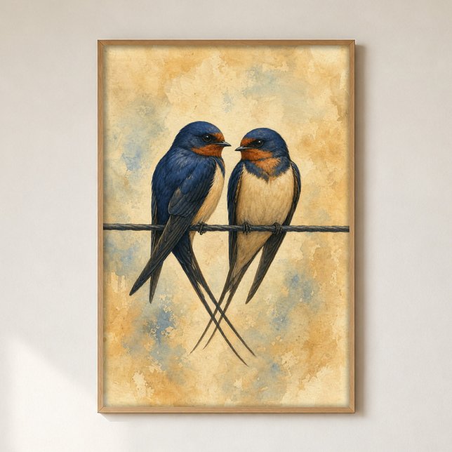 Swallow Pair on a Wire Watercolour Poster (Shown framed for scale. Poster ships unframed; frames are an optional add-on.)