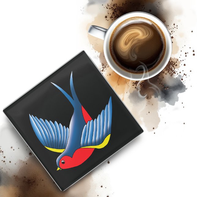 Swallow Red Blue Tattoo Glass Coaster (Creator Uploaded)