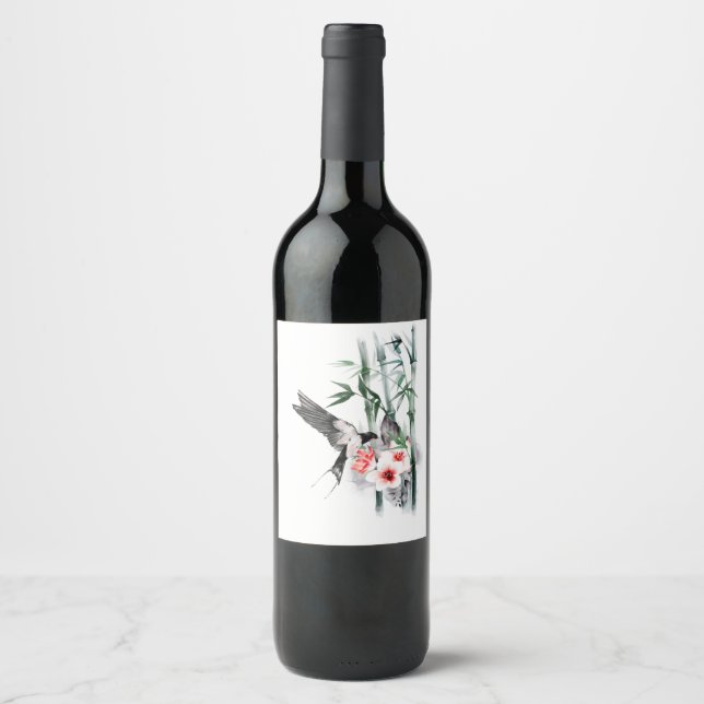 Swallow with Bamboo and flowers  Classic     Wine Label (Front)