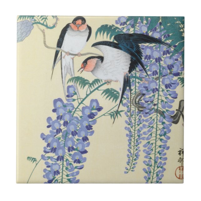 Swallows and Wisteria by Ohara Koson Ceramic Tile (Front)