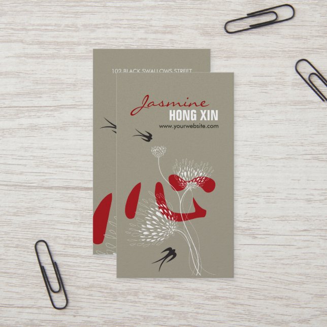 Swallows Birds Chinese Heart Oriental Kanji Floral Business Card (Front/Back In Situ)