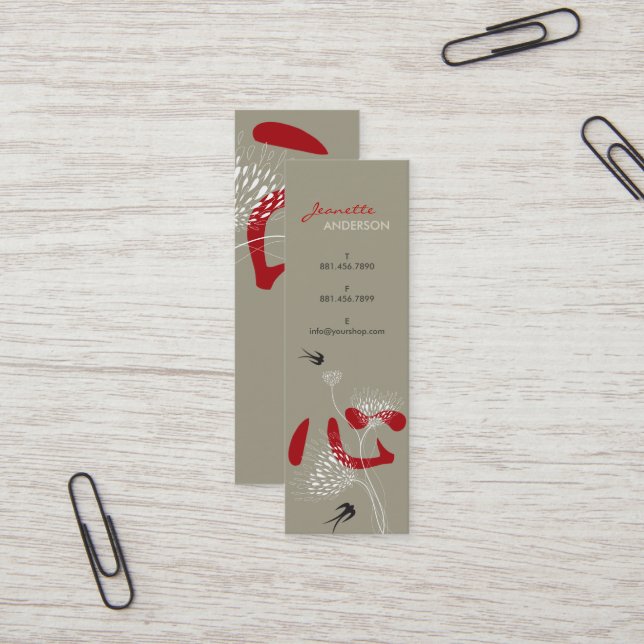 Swallows Birds Chinese Heart Oriental Kanji Floral Mini Business Card (Front/Back In Situ)