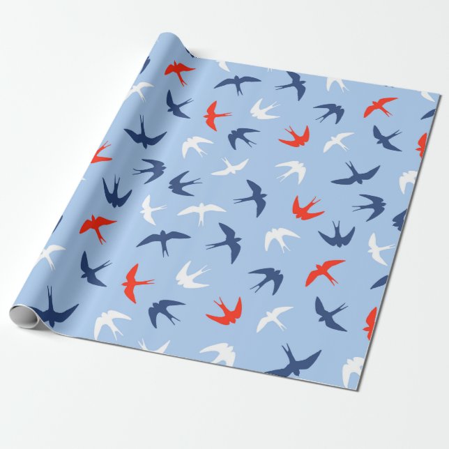 Swallows Birds Sky Flight Pattern Blue Red White Wrapping Paper (Unrolled)