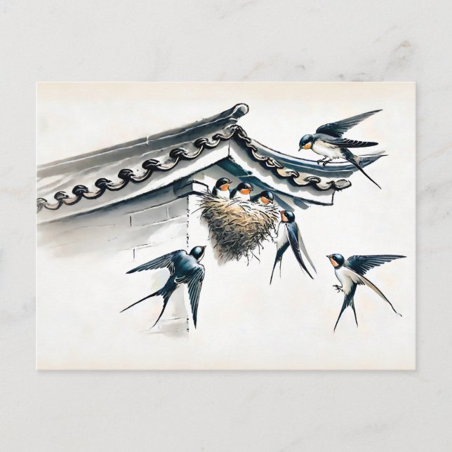 Swallows Feeding Young in Nest in Chinese Ink Pain Postcard (Front)
