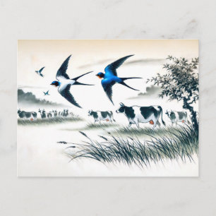 Swallows Flying Over a Cattle Field in Chinese Ink Postcard