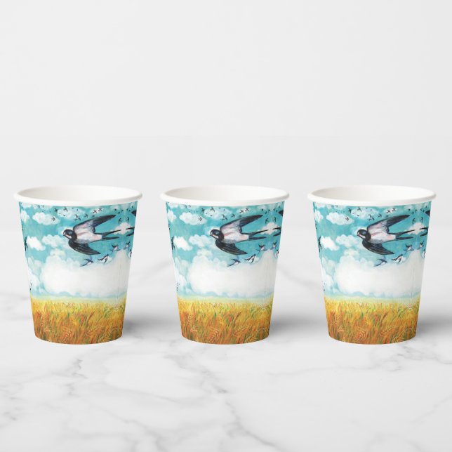 Swallows flying over a wheat field   paper cups (Multi)