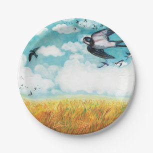Swallows flying over a wheat field  paper plate