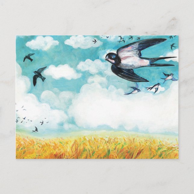 Swallows flying over a wheat field postcard (Front)