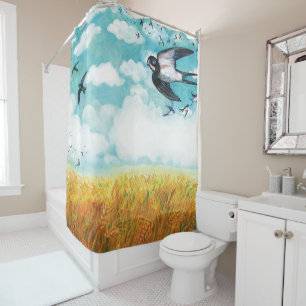 Swallows flying over a wheat field shower curtain