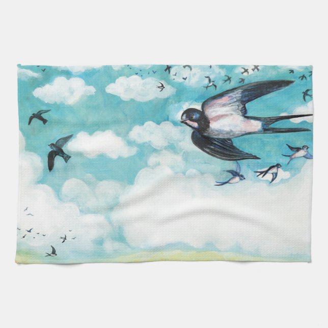 Swallows flying over a wheat field  tea towel (Horizontal)