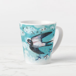 Swallows flying over cloudy blue sky  latte mug
