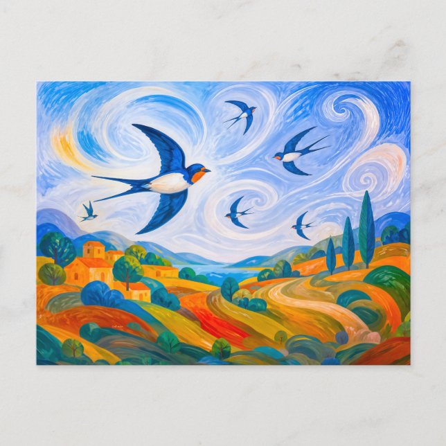 Swallows gliding in windy hillside sky postcard (Front)