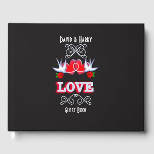 Swallows Love Hearts Roses Red Black Personalised Guest Book