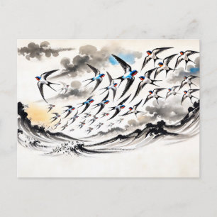 Swallows Soaring Through the Sky in Chinese Ink Pa Postcard