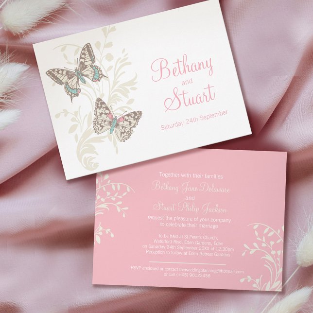 Swallowtail and painted lady pink art wedding invitation (Creator Uploaded)