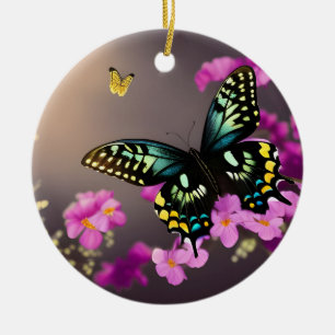 Swallowtail Butterfly and Pink Flowers Ceramic Ornament
