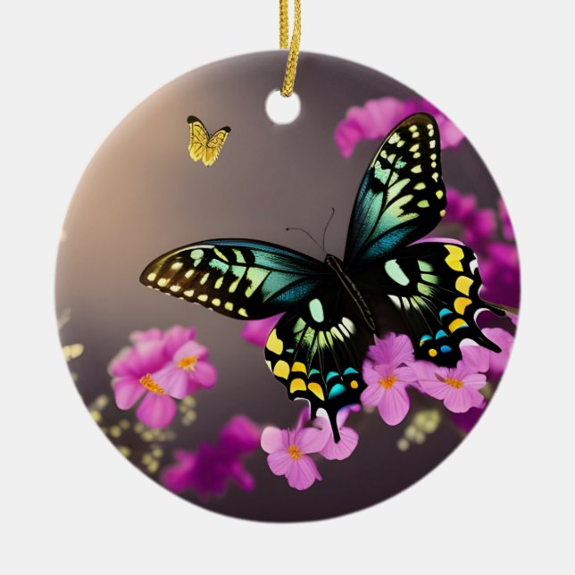 Swallowtail Butterfly and Pink Flowers Ceramic Ornament (Front)