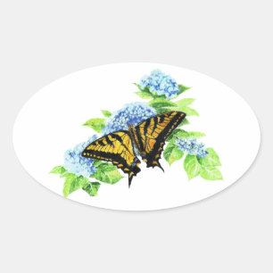 Swallowtail  Butterfly Hydrangea Flower Oval Sticker