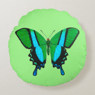 Swallowtail Butterfly in Green, Turquoise & Black Round Cushion