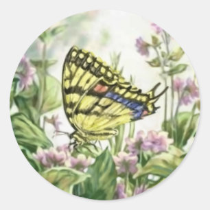 Swallowtail Butterfly on Forget-Me-Nots Painting Classic Round Sticker