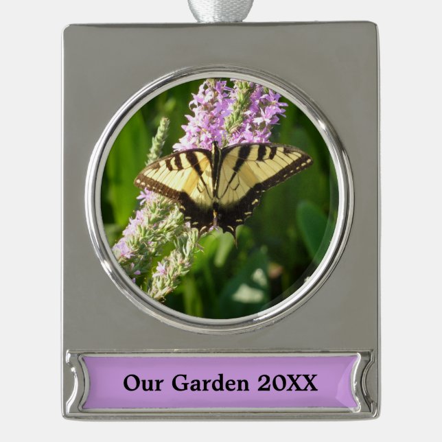 Swallowtail Butterfly on Purple Wildflowers Silver Plated Banner Ornament (Front)