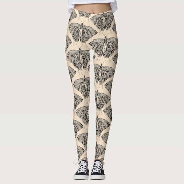 swallowtail butterfly pale peach black leggings (Front)