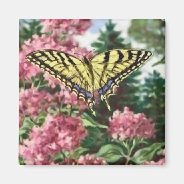 Swallowtail Butterfly Pink Flowers Garden Painting Magnet (Front)