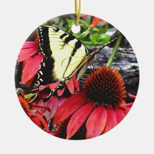 Swallowtail on Red Coneflower Ceramic Ornament (Front)