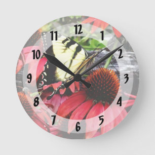 Swallowtail on Red Coneflower Round Clock