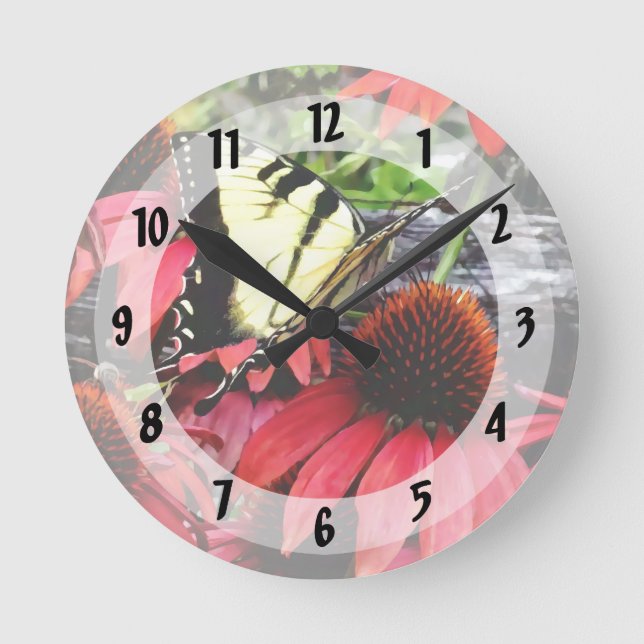 Swallowtail on Red Coneflower Round Clock (Front)
