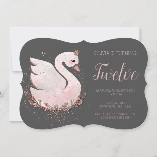 Swan 1st Birthday |  Grey and Rose Gold Glitter Invitation (Front)