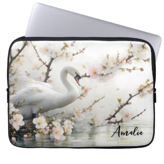 Swan and Blossom Lake in Watercolor Laptop Sleeve