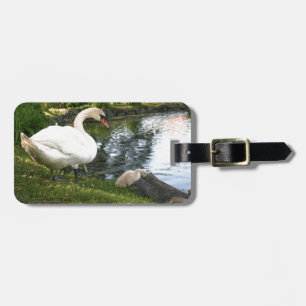 Swan and cygnet Luggage Tag w/ leather strap