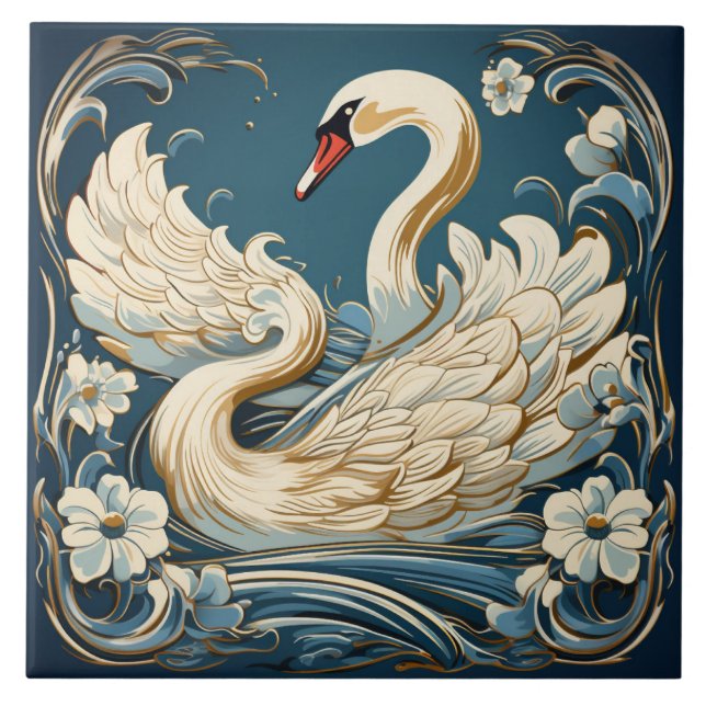 Swan and Flowers, Blue Background Ceramic Tile (Front)