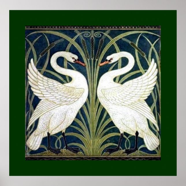 Swan and Rush and Iris wallpaper with green border Poster (Front)