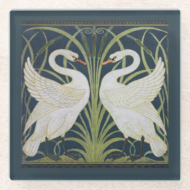 Swan Art Nouveau Two Swans  Glass Coaster (Front)
