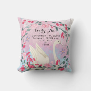 Swan Baby Girl Nursery Baby Stats or Birth Record Cushion