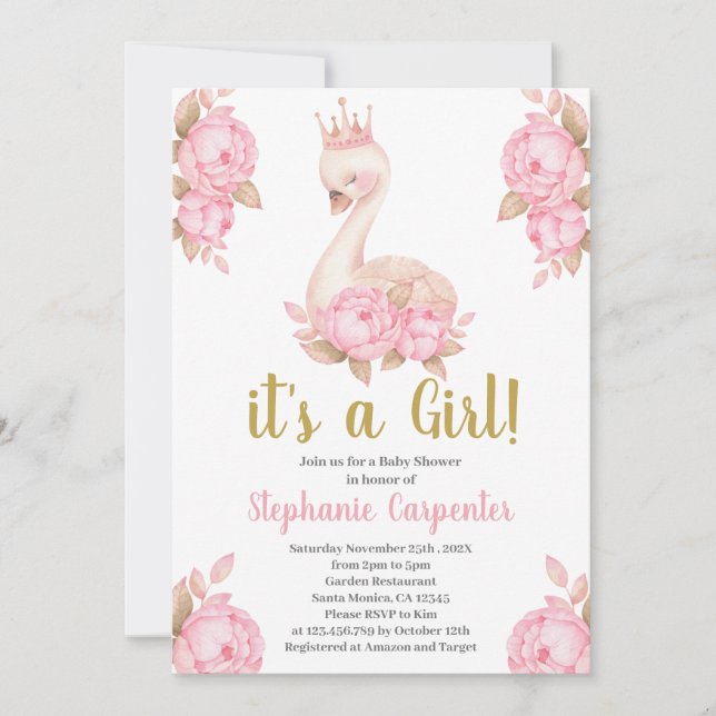 Swan Baby Shower Girl Invitation (Front)