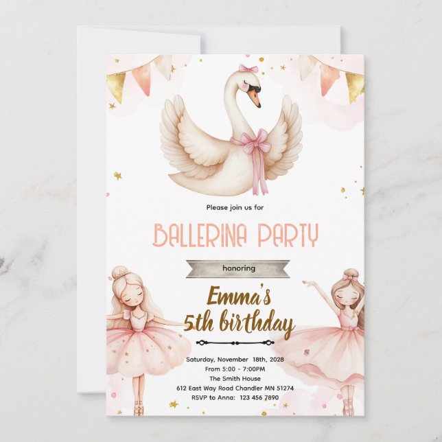 Swan Ballet birthday Theme invitation (Front)