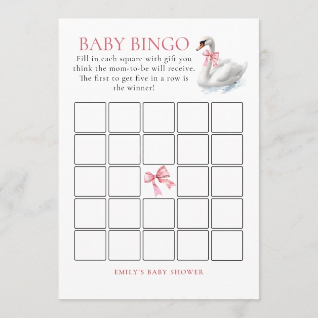 Swan Bingo Baby Shower Game Card (Front)