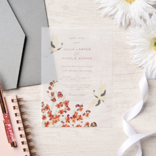 Swan Birds Paradise Spring Florals Wedding Vellum Invitations