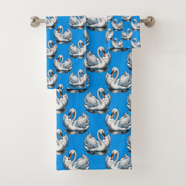 Swan Birds Pattern Design On Blue  Bath Towel Set (Insitu)