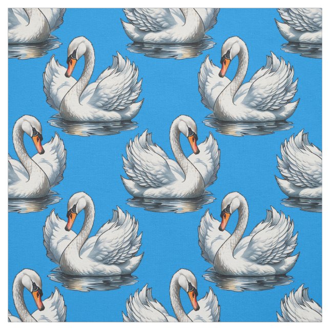 Swan Birds Pattern Design On Blue  Fabric (Swatch)