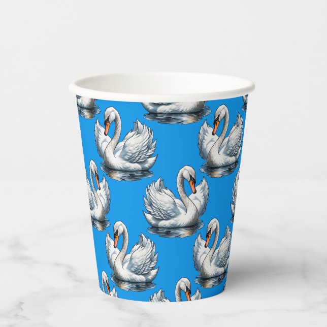 Swan Birds Pattern Design On Blue  Paper Cups (Front)