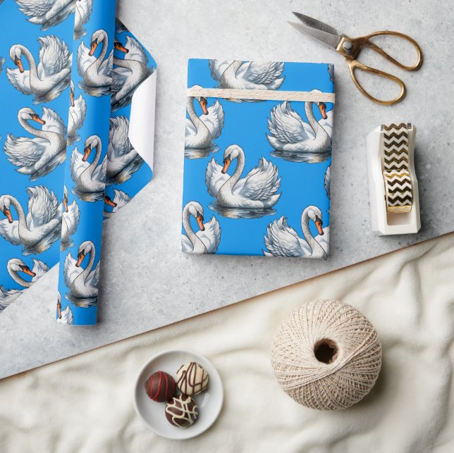Swan Birds Pattern Design On Blue  Wrapping Paper (Crafts)