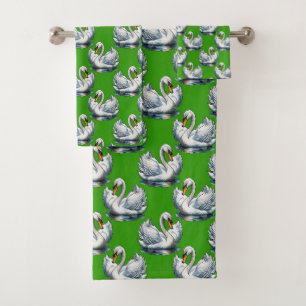 Swan Birds Pattern Design On Green Bath Towel Set