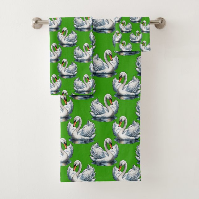 Swan Birds Pattern Design On Green  Bath Towel Set (Insitu)