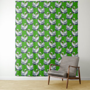 Swan Birds Pattern Design On Green  Tapestry